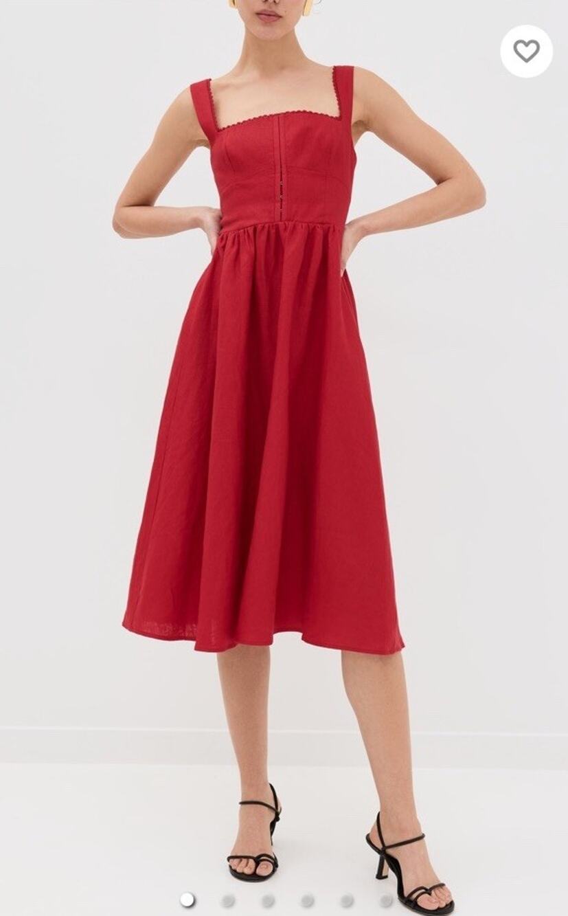 Reformation Tagliatelle Red 100% Linen Square Neck Midi Dress US 4